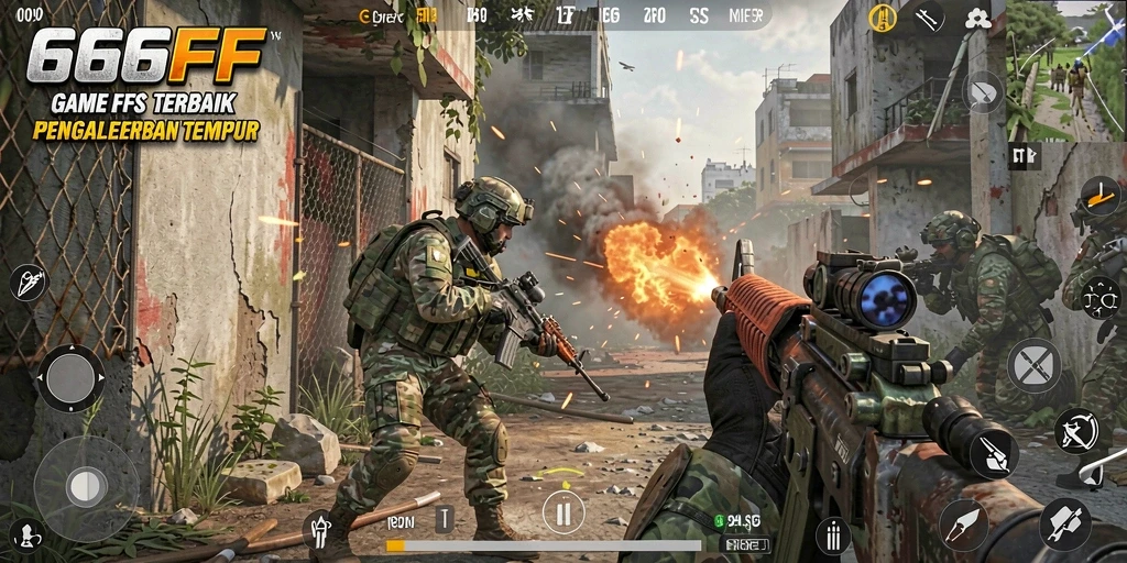 Screenshot gameplay 666FF menunjukkan aksi tembak-menembak yang intens.