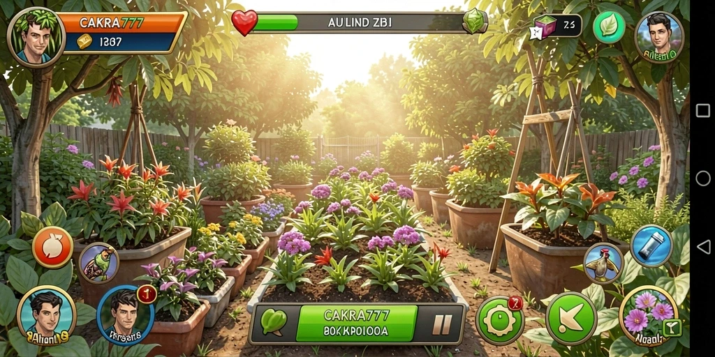 Screenshot dari gameplay CAKRA777 yang menampilkan kebun yang rimbun dan indah.