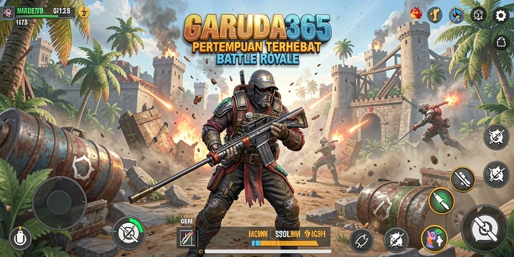 Tampilan gameplay GARUDA365 yang menegangkan dalam arena Battle Royale.