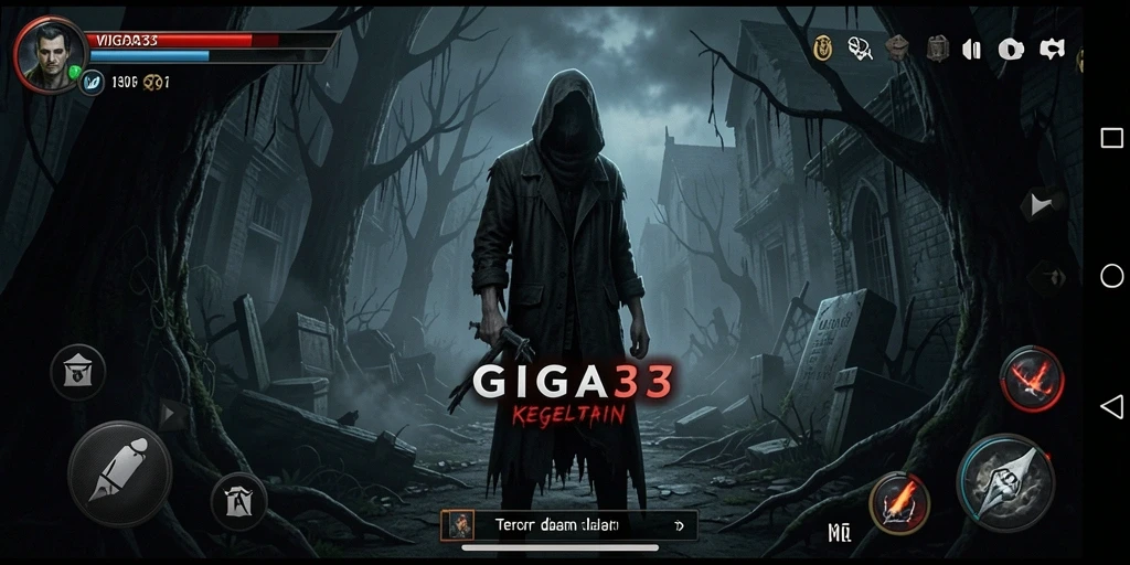 Screenshot dari gameplay GIGA33 yang menampilkan suasana horor yang menyengat.
