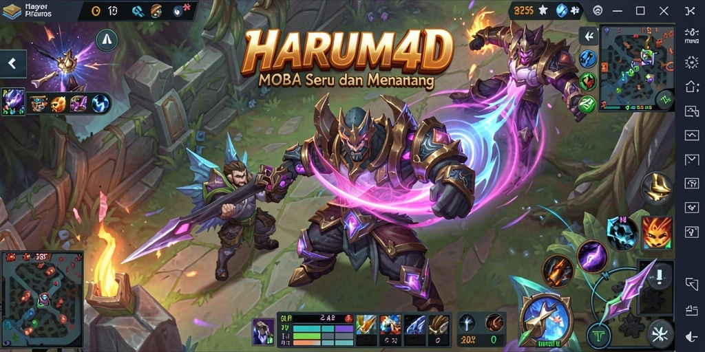 Tampilan gameplay seru dalam HARUM4D, pertempuran MOBA yang mendebarkan.