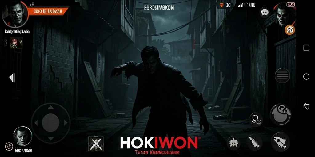 Screenshot utama HOKIWON menunjukkan pemain menjelajahi lokasi angker dengan suasana mencekam.