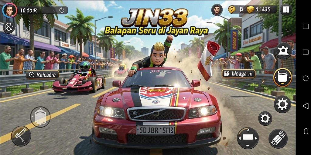 Tampilan gameplay JIN33 yang penuh aksi dan menegangkan di trek balapan.