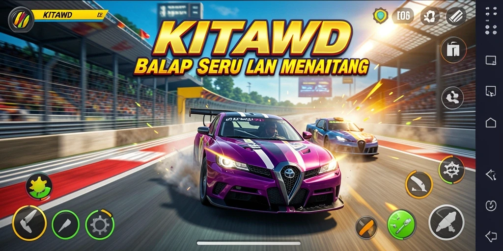 Screenshot dari gameplay balap di KITAWD menunjukkan mobil-mobil yang cepat dan trek menantang.