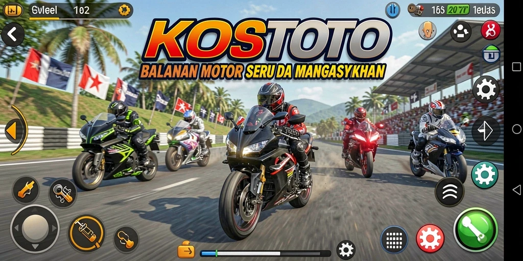 Tampilan balapan seru di KOSTOTO dengan banyak motor yang dapat dipilih.