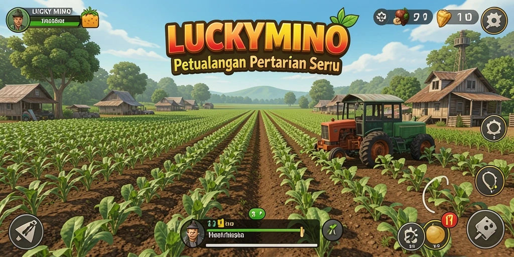 Screenshot gameplay LUCKYMINO dengan kebun yang indah dan tanaman beragam.