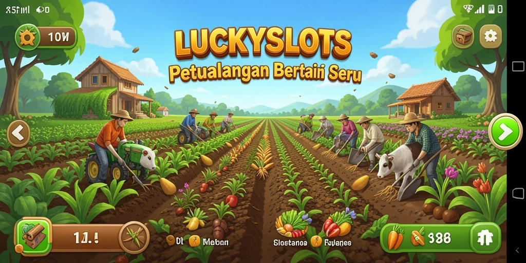 Screenshot utama LUCKYSLOTS menampilkan gameplay pertanian yang menarik dan interaktif.