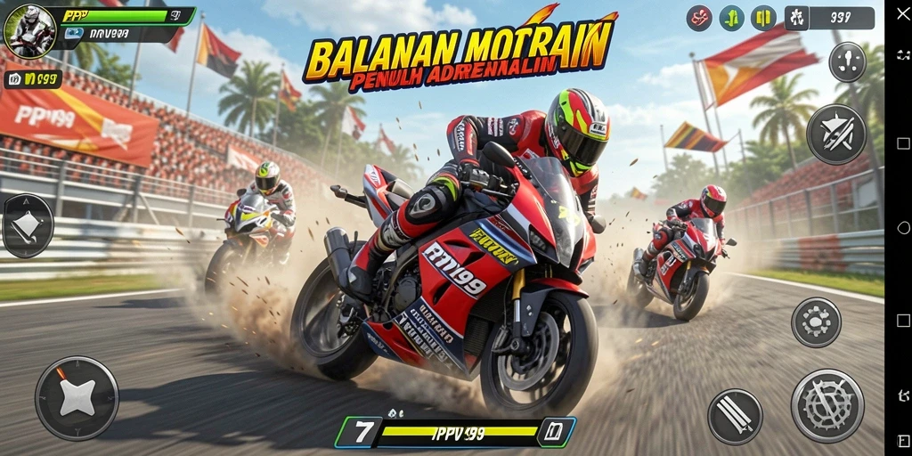 Screenshot gameplay PPV99 yang menunjukkan aksi balapan motor seru.