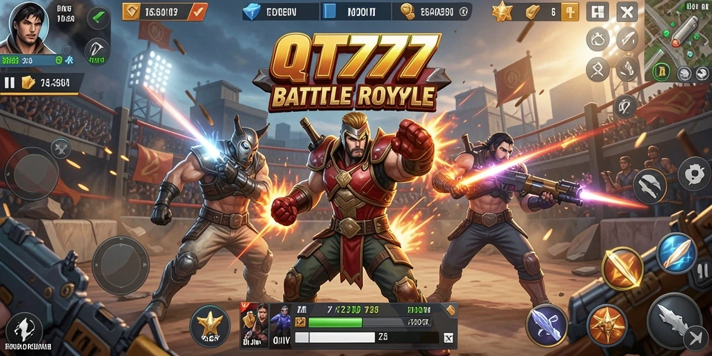 Gambaran pertarungan intens dalam permainan Battle Royale QT777.