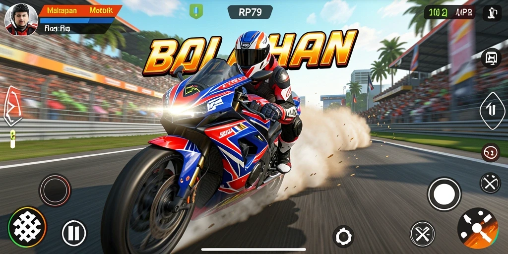 Screenshot utama RP79 menampilkan momen balapan motor yang intens.