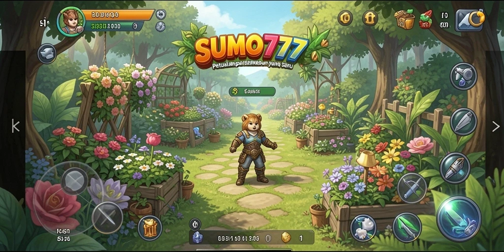 Tampilan gameplay SUMO777 yang menunjukkan kebun yang indah dan subur.