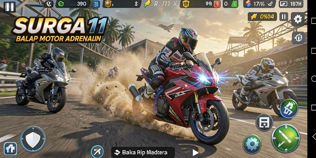 Screenshot gameplay SURGA11 yang menampilkan balapan motor yang mendebarkan.