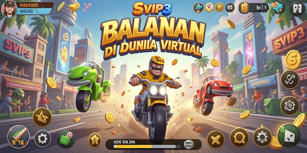 Screenshot gameplay SVIP3 dengan mobil balap yang melaju kencang di trek.