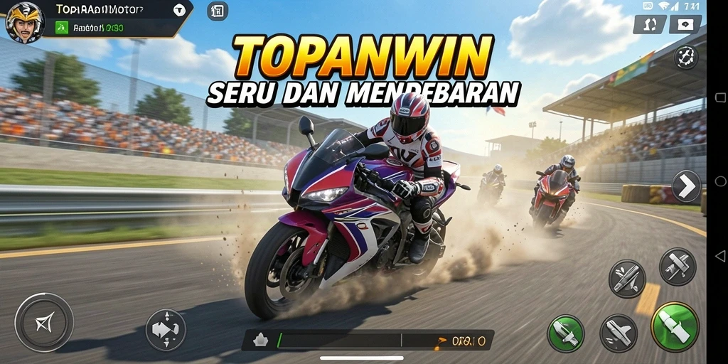 Screenshot gameplay TOPANWIN menampilkan aksi balapan motor yang cepat dan mendebarkan.