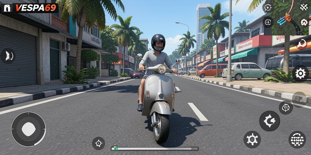 Tampilan gameplay VESPA69 yang menarik saat mengemudikan Vespa.